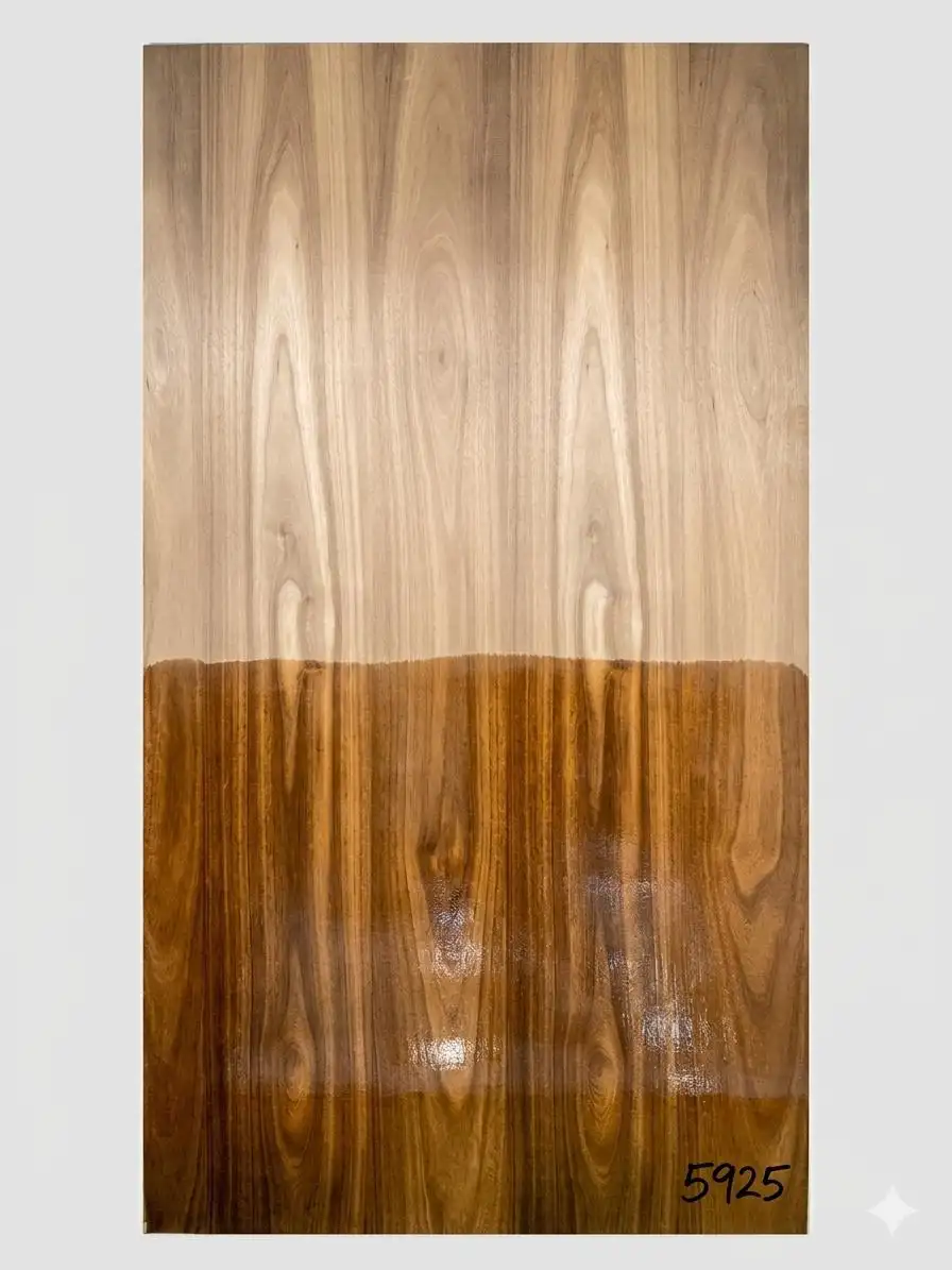 Wood-grain decorative sheet, design 5925, displayed half-polished to show the finish