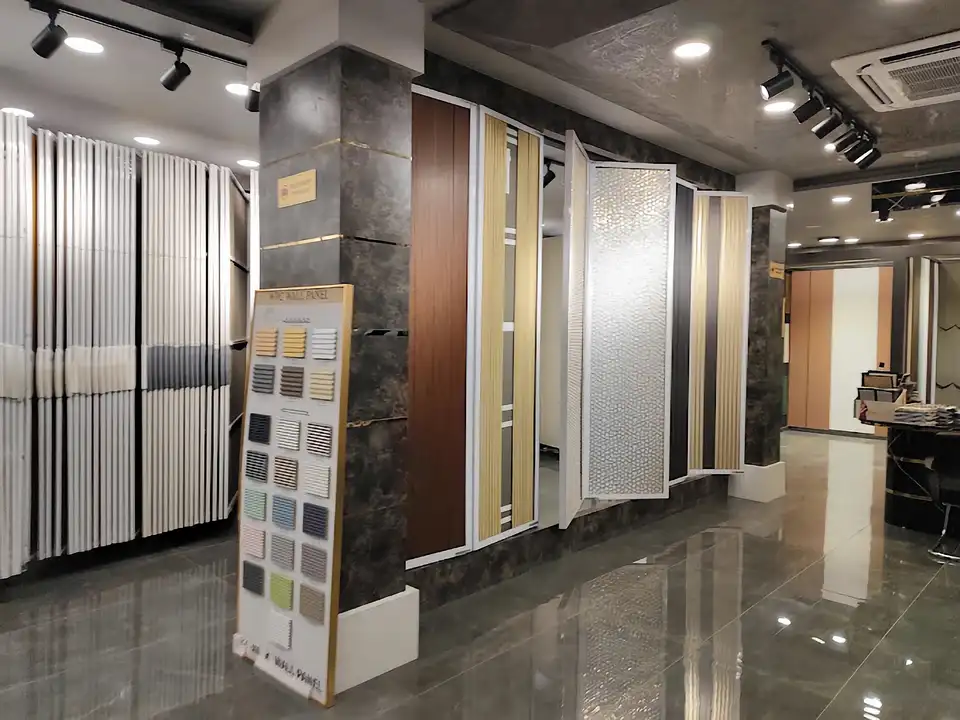 WPC wall panel and fluted louver display bay with laminate pull-out racks