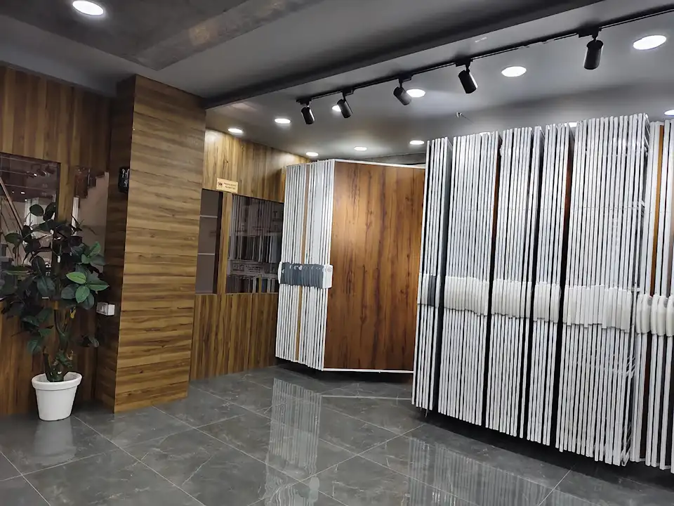 Pull-out laminate and veneer display rack with a dark walnut wood-grain sheet
