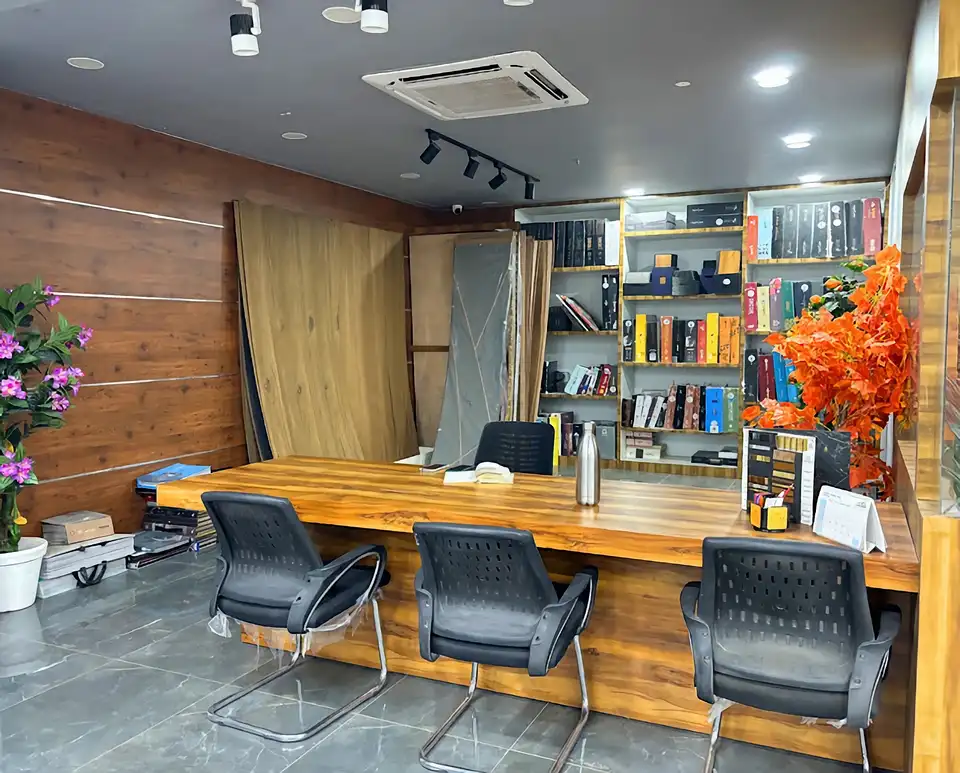 Consultation desk with large veneer and decorative panel samples on display