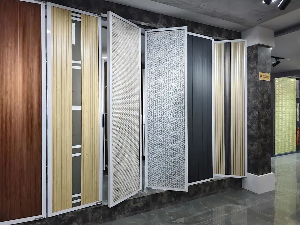Decorative wall-panel displays lined along the showroom floor